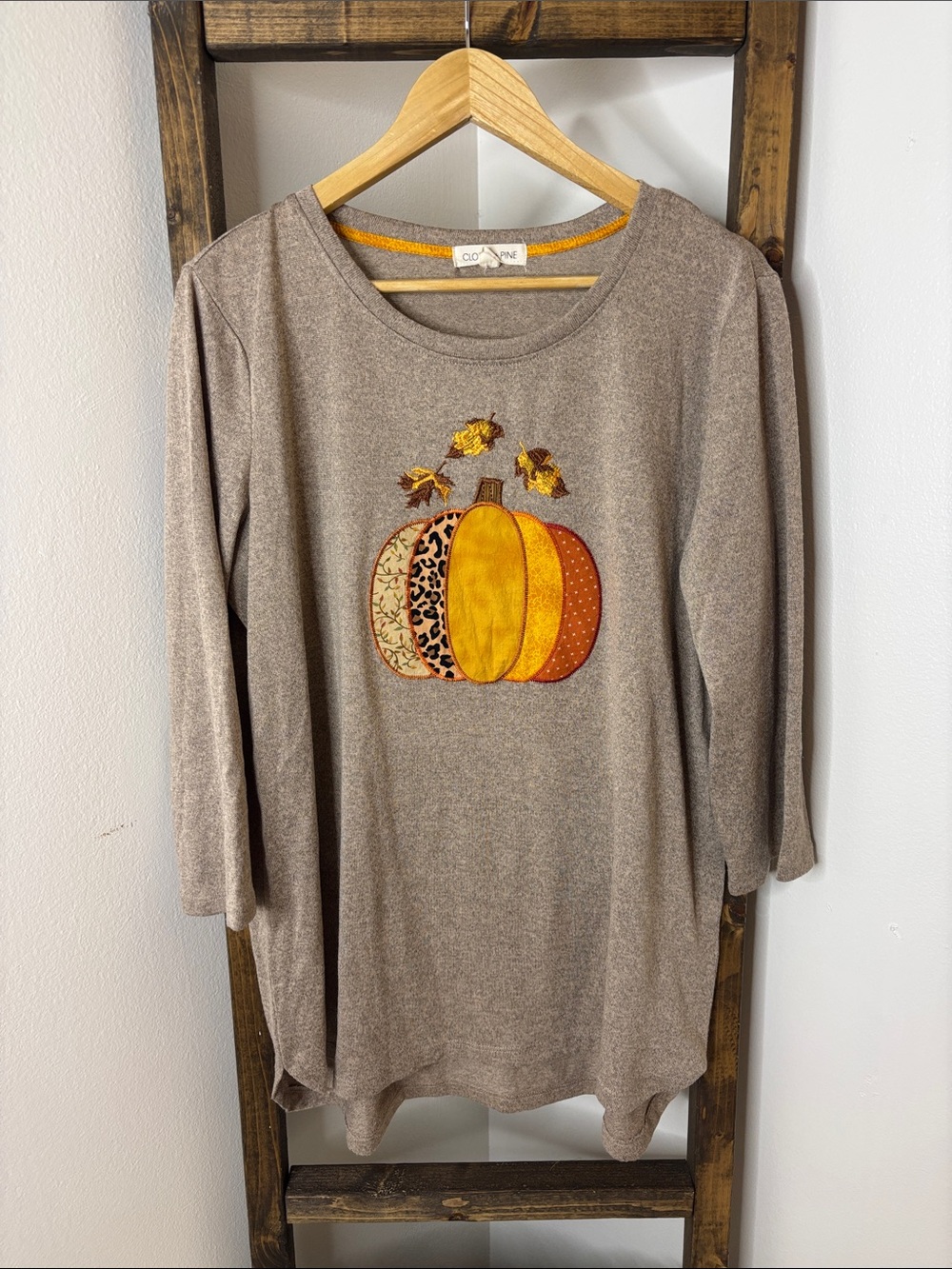 Clover + Pine Cozy Taupe Pumpkin Tunic with Autumn Leaves Size XL